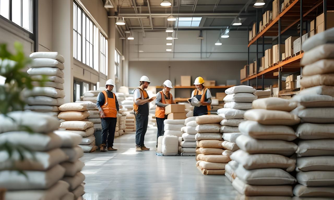 Team at work beside stacked mortar bags and cement sacks in a bright Zurich materials warehouse